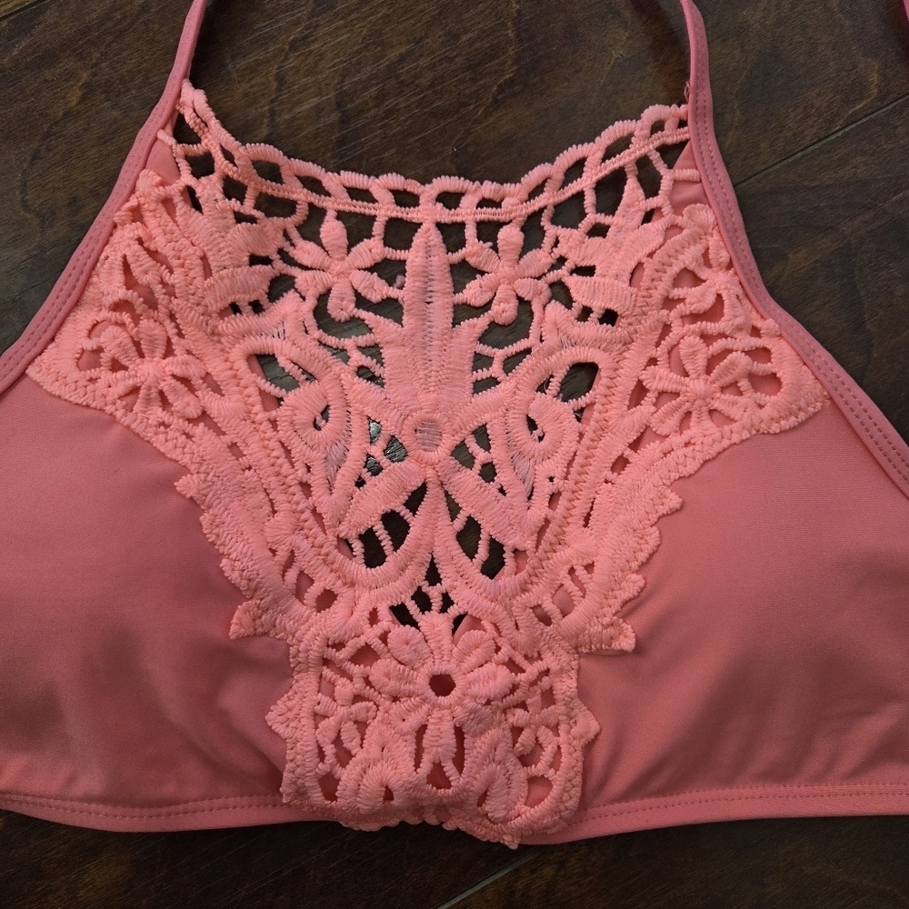 Marilyn Monroe Swimwear Halter Crochet Top Coral Two Piece Bikini Size Large - Picture 2 of 8